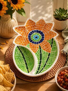 Cooks Club Sunflower Mosaic Chip & Dip Server Ceramic Serving Platter 2 Sections